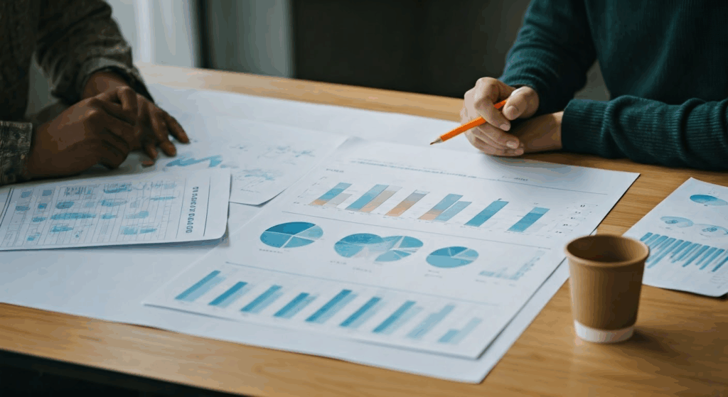 Two people reviewing business data charts